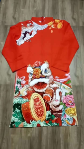 {Tặng liễng cài áo} Áo dài cách tân nam người lớn hoạ tiết lân vải kaki thun màu đỏ Tết 2024
