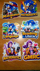 Subject Sticker Labels Sonic the Hedgehog Reading & Literacy Book Series. Sonic reads a red book surrounded by colorful books and letters A B C D. Vibrant educational theme.