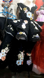 Randomly designed kids ball gown best wear on May Flower festival and other community/special events Fits best from ages 5 to 8 years old or girl standing 4 ft up to 4.10 ft tall waistline adjustible from 22 to 25 inches .