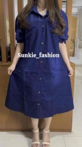 Dress Jeans Lengan Pendek Jumbo LD 110 KOMBINASI SALUR BAHAN PREMIUM (LEMBUT) DIJAMIN BAHAN BAGUS DAN JUMBO