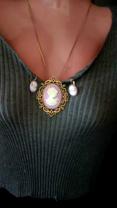 Big Victorian Lavender Lady Cameo Statement 18k Gold Plated Chain Earrings Necklace Jewelry Set