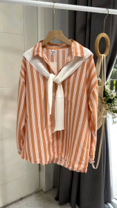 ECLAIRE 043: Kemeja Syal Knit Lengan Panjang Longsleeves Motif Salur Stripe Garis-garis Korea Kasual Casual Kerja Liburan Kantor Urban Import lzzi