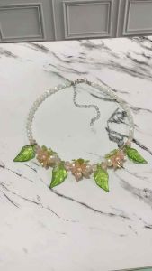 Adler Flower Leaf Necklace Inspired by Wicked Glinda and Elphaba Kalung Pink Bunga dan Hijau Daun Pink Green Beads Manik Handmade Fashion