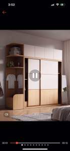 Nordic wood color wardrobe sliding door modern simple solid wood assembly overall sliding door wardrobe