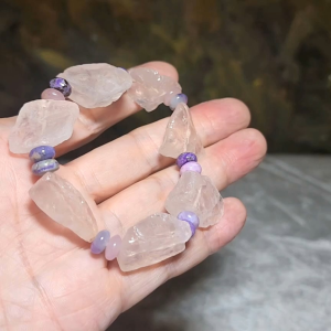 Gegegems Creation 44.95 grams Premium natural Madagascar raw Icy Rose Quartz & Sugilite abacus beads bracelet  [Natural Crystal] 精品天然馬达加斯加冰粉晶原石配舒倶来手链
