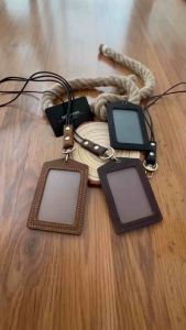 100% Genuine Leather Business ID Card Holder Lanyard With Key Ring Keychain Staff