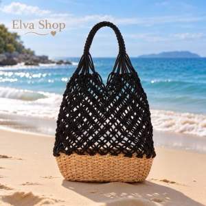 Women Woven Beach Bag Summer Tote Bag Crochet Mesh Straw Bag Holiday Travel Handbag