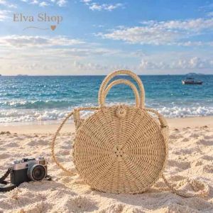 Women Round Straw Woven Handbag Beach Bag | Cute Rattan Tote Shoulder Bag with Long Strap | Summer Holiday Bag