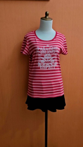 atasan kaos wanita pink motif garis pink salur ESPRIT cewek M L lengan pendek santai