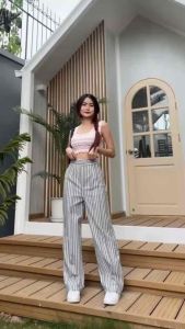 กางเกงเอวสูง ผ้าลินินเอวสูงตะขอหน้าขากระบอกกลาง S-XXXL