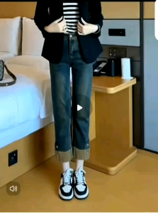 Casual patchwork jeans for women new style tall and slim retro nine-point straight pants