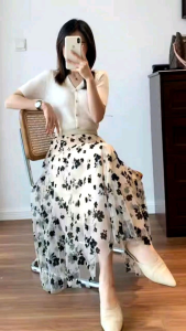 Chân Váy Voan Hoa Cạp Chun Co Giãn Mặc Được 2 Mặt Thời Trang Nữ Dài Váy 78cm Habis