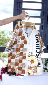 (BIGSIZE <70kg) °Latin Tơ Tằm° Đồ bộ Pijama Đùi Cổ Y Nút Bọc Quần Giả Váy Bộ ngủ mặc nhà Lụa mềm mịn mát Thiết Kế họa tiết Hot Trend Xinh Sang Đẹp