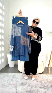 One Set Wanita Jumbo Knit Sunny Setelan Rajut Oversize Hitam Biru Bigsize