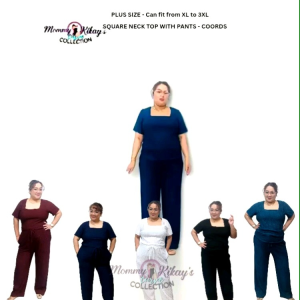 Samantha Square Neck Coords Set for Plus Size Women | Top + Garterized Pants with Pockets | Fits XL to 3XL ONHAND Plain and Retro Wave soft bark v