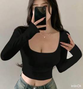 Long Sleeve Top Square Neck Long Sleeve Top Crop Top (KISSES)