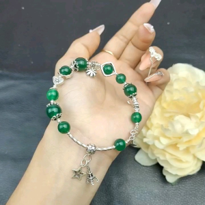 Lắc bạc mix đá thiên nhiên Agate xanh dây xâu lõi bạc freesize