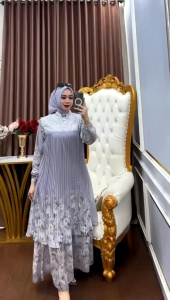 Amanda Dress Wanita Gamis Ceruty Babydoll Plisket Set Hijab Mix Renda Brukat 2 Layer