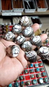 Cincin batu pirus putih asli original urat merah hitam ceplok kuro / pirus persia urat emas cincin pria