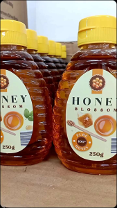 Honey Blossom Pure 100% 250g Bottle with Yellow Cap and Beehive Design