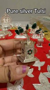 Pure Silver Tulsi Plant 3 Inch for Pooja Worship Home Decor Temple Spiritual Decor and Gifting