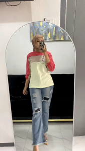 NAMINA - Kaos Wanita Kombinasi 3 Warna Model Lengan Karet Kerut Tshirt Oversize Kombinasi Size Jumbo