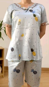 ●ECLAIRE● 0IS Setelan Celana Piyama HP Pakaian Tidur Satin kombinasi Lace Kerah Vneck Motif Nanas Pineapple Fruit import