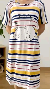 ●ECLAIRE● 0IS Daster Leher Bulat Oneck Lengan Pendek Shortsleeves Motif sleeping pig salur stripe Garis-garis import