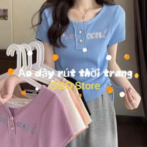 Áo Kiểu Nữ Dệt Kim Mongtoghi Tay Ngắn - Cài Nút Dây Rút Tôn Dáng Thời Trang
