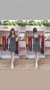 F484 Đầm ôm cổ U đính nút tay ngắn kẻ sọc có nẹp cổ