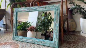 กระจกติดผนัง กรอบกระจก แท่งไม้ ไม้สัก ขัดฟ้า สี่เหลี่ยมผืนผ้า 90x60x3cm กระจก บล็อคไม้ งานทำมือ White Blue washed Teak Wood Block field with mirror