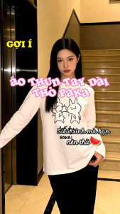 Áo thun dài tay form xuông rộng cotton 100% 2 em thỏ giận nhau paka áo thu đông nữ HLFashion