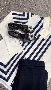 Kemeja Silk Motif Salur Black White Terbaru 757