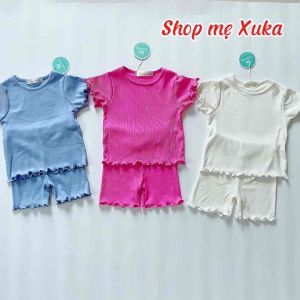 Bộ bé gái uốn viền Miwoo chất cotton tăm xuất dư mềm mát