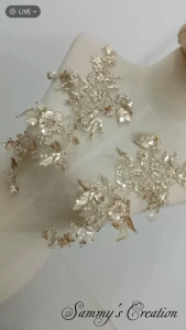 1Pair Light Gold Sequin Pearl Beaded Embroidery Applique Lace for Wedding Dress Bridal Gown Evening Dress DIY Sewing