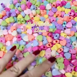 200 Hạt Nhựa Acrylic Trái Tim 12mm lổ to Mix Đủ Màu Làm Trang Sức DIY