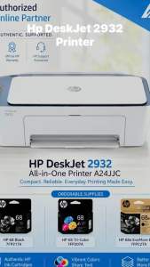HP DeskJet 2932 All-in-One Printer | Print copy scan | Print speed black 7.5 ppm & Print Speed Color 5.5 ppm | Model A24JJC | Replacement cartridges HP 68 Black 7FP21TA HP 68 Tri-Color 7FP20TA HP 68e EvoMore Black 7FP22TA Original Ink Cartridge