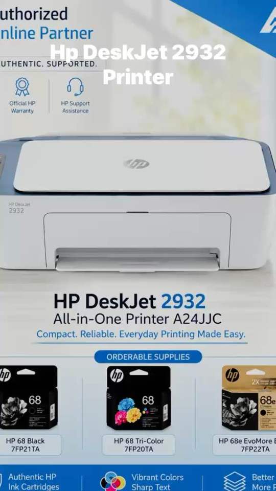HP DeskJet 2932 All-in-One Printer | Print copy scan | Print speed black 7.5 ppm & Print Speed Color 5.5 ppm | Model A24JJC | Replacement cartridges HP 68 Black 7FP21TA HP 68 Tri-Color 7FP20TA HP 68e EvoMore Black 7FP22TA Original Ink Cartridge