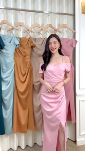 ชุดเดรส ชูดออกงาน ชูดราตรี FP018 ผ่าตัดพรีเมี่ยม เดรสยาวสายเดี่ยว ปิดแขน