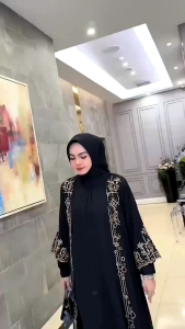 Mahra Abaya Wanita Muslim Bahan Ceruty Mix Bordir Outer Terpisah Gamis Lebaran Kondangan Mewah Hitam