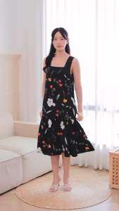 Mommade-เดรสให้นมสีดำ ชุดให้นม Black Flora Twotone Dress