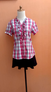 atasan kemeja wanita kotak merah hitam HUSH PUPPIES cewek M lengan pendek MEWAH