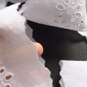 ผ้าลูกไม้เส้น คอตตอน ราคาหลาละ23บาท แต่งขอบ สีขาวริมปัก ฉลุลาย  กว้าง 8cm