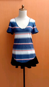 atasan kaos wanita biru putih salur COSTUME NATIONAL cewek M lengan pendek blouse vneck santai