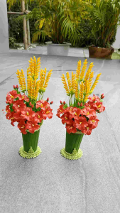 ชบาแดง กรวยชบาแดง + รวง ข้าว แบบดินปั้น สำหรับบูชา ถวายองค์พระพิฆเนศ ตกแต่งหิ้งพระ