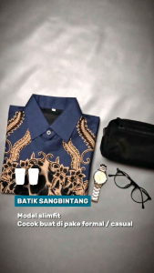 Baju Batik Pria Kemeja Lengan Panjang Atasan Kondangan Keluarga Cowok Remaja Dewasa Hem Premium Bahan Katun Motif Marmer Merpati Biru