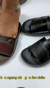 Dép nam quai ngang bản ngang nhỏ gọn da bò cao cấp đế lõm may chỉ viền thủ công
