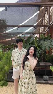 Sét đồ đôi họa tiết hoa lá váy nữ dáng dài cổ vuông không tay lưng dây chéo xinh xắn