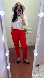 Celana Fauzira Bahan doubel strect Merah cabe bisa Jumbo / Baggy pants Fauzira /Celana Wanita Katun