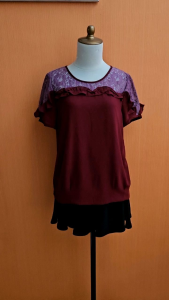 atasan wanita merah maroon LNXZ cewek L lengan pendek lace MEWAH blouse